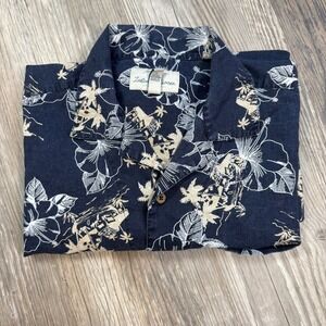 Island Shores Linen Cotton Tropical Hibiscus Hawaiian Shirt Navy Blue MensL
